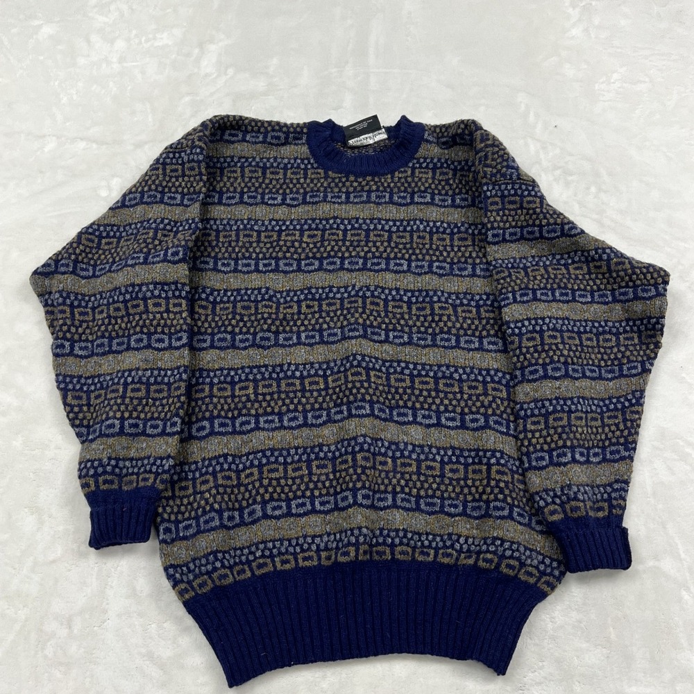 Preswick & Moore Sweater Mens Medium Blue Wool Fair Isle Geometric Made England